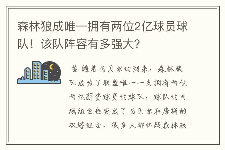 森林狼成唯一拥有两位2亿球员球队!该队阵容有多强大?