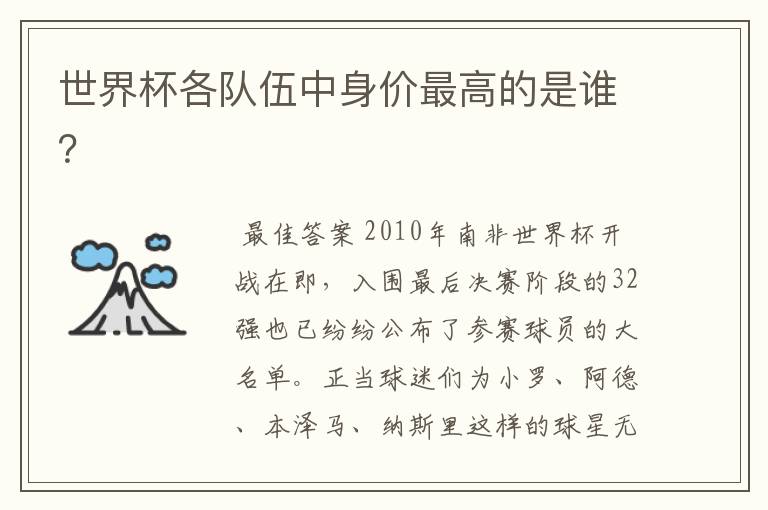 世界杯各队伍中身价最高的是谁?