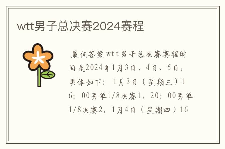 wtt男子总决赛2024赛程