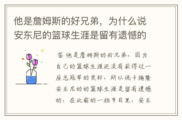 他是詹姆斯的好兄弟,为什么说安东尼的篮球生涯是留有遗憾的呢?