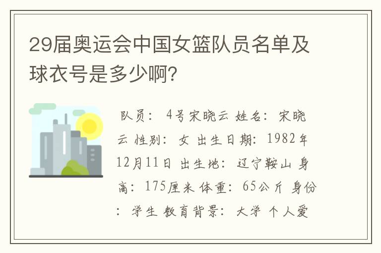 29届奥运会中国女篮队员名单及球衣号是多少啊?