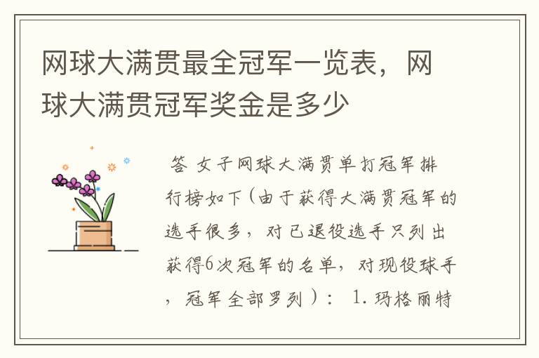 网球大满贯最全冠军一览表,网球大满贯冠军奖金是多少