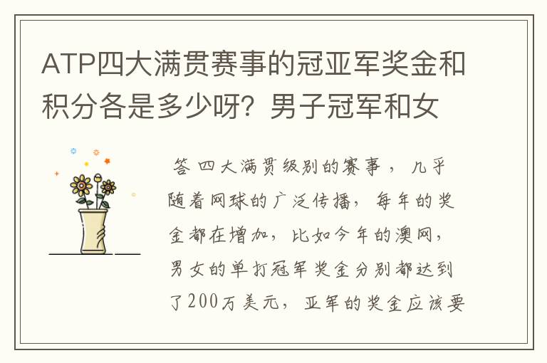ATP四大满贯赛事的冠亚军奖金和积分各是多少呀?男子冠军和女子冠军的奖金都一样么?