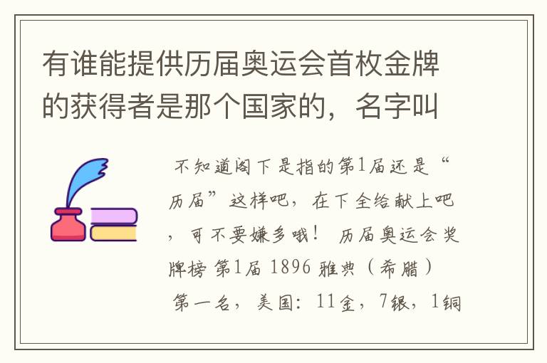 有谁能提供历届奥运会首枚金牌的获得者是那个国家的,名字叫什么?是在那个项目上获得的?