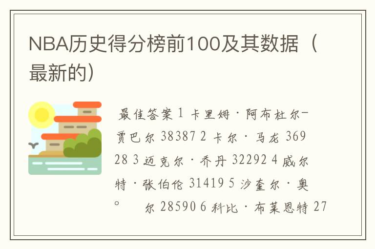 NBA历史得分榜前100及其数据(最新的)