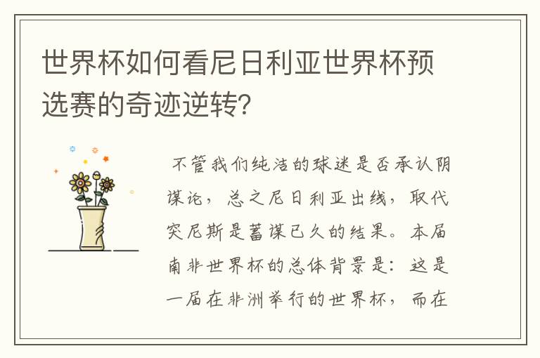 世界杯如何看尼日利亚世界杯预选赛的奇迹逆转?