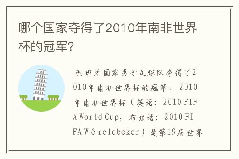 哪个国家夺得了2010年南非世界杯的冠军？