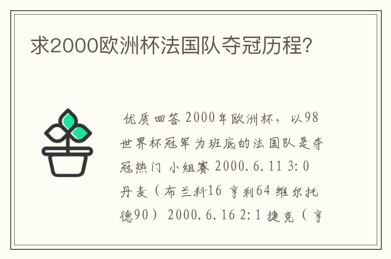 求2000欧洲杯法国队夺冠历程?