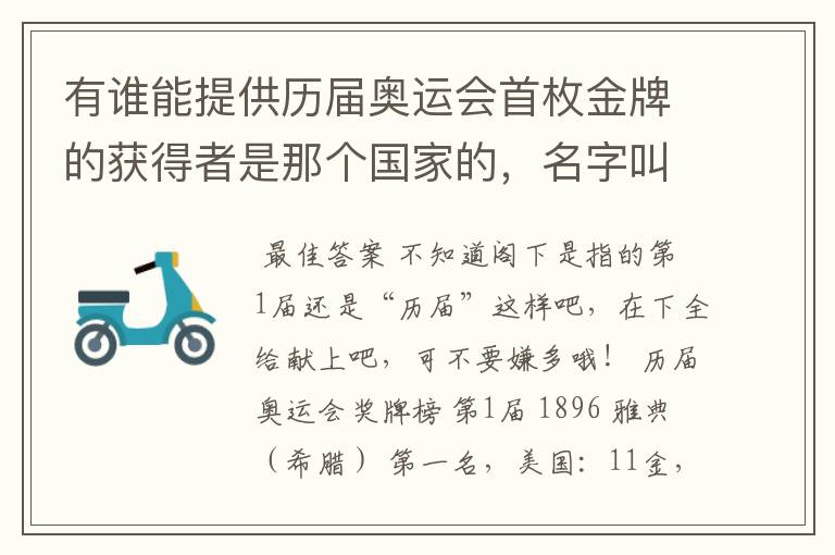 有谁能提供历届奥运会首枚金牌的获得者是那个国家的,名字叫什么?是在那个项目上获得的?