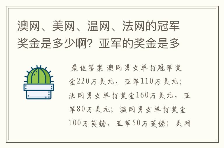 澳网、美网、温网、法网的冠军奖金是多少啊?亚军的奖金是多少啊?