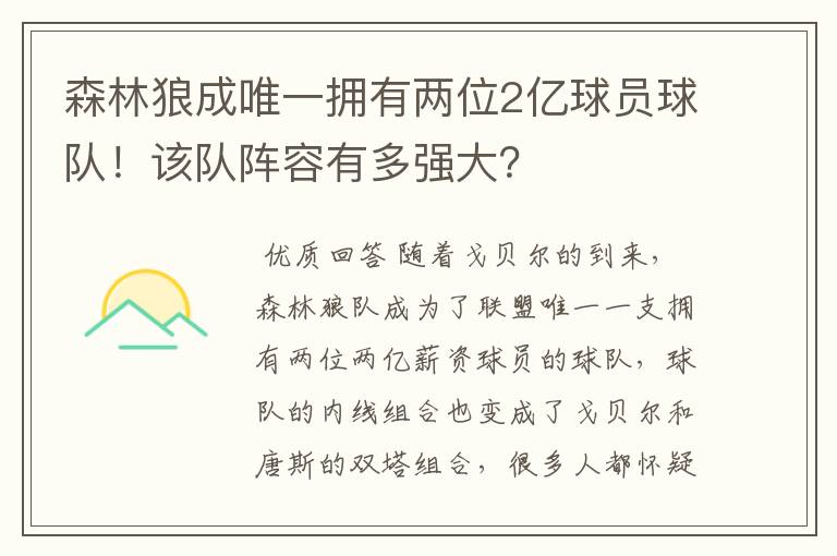 森林狼成唯一拥有两位2亿球员球队!该队阵容有多强大?