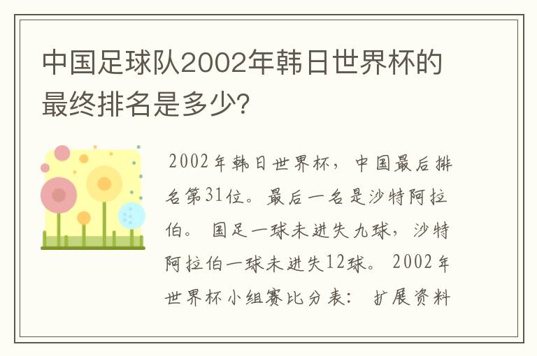 中国足球队2002年韩日世界杯的最终排名是多少?