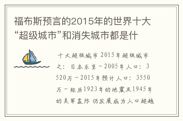 福布斯预言的2015年的世界十大“超级城市”和消失城市都是什么
