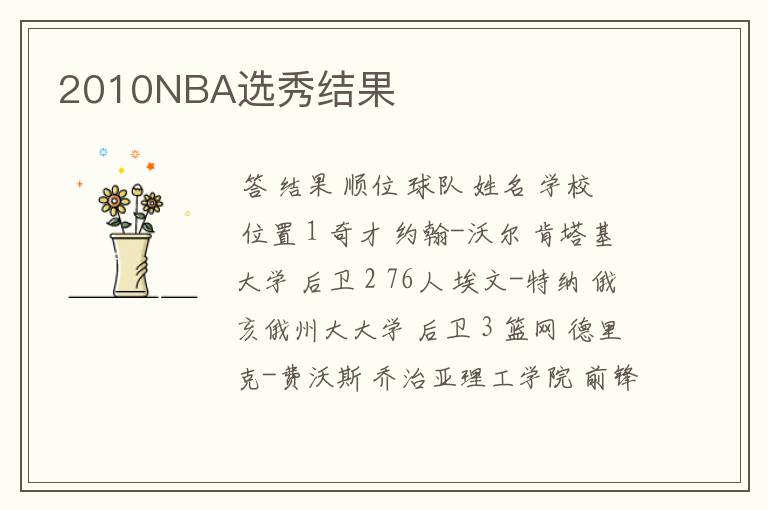 2010NBA选秀结果