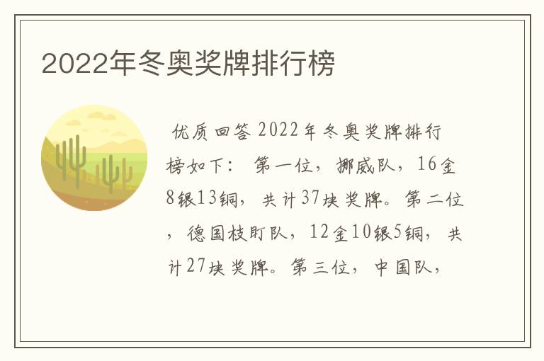 2022年冬奥奖牌排行榜