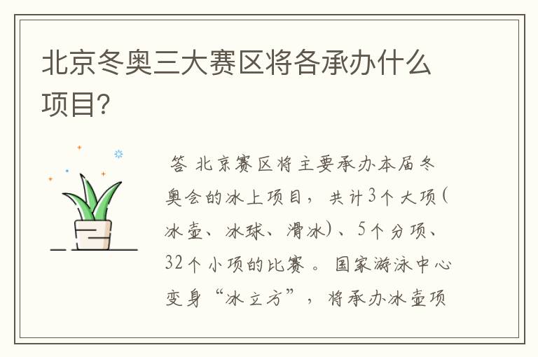 北京冬奥三大赛区将各承办什么项目?
