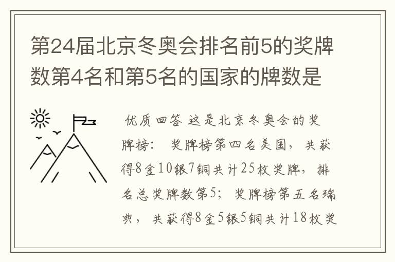 第24届北京冬奥会排名前5的奖牌数第4名和第5名的国家的牌数是多少?