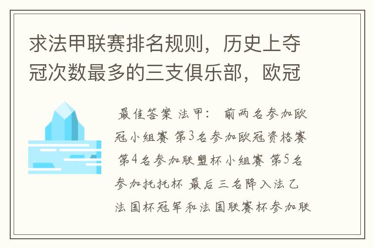 求法甲联赛排名规则,历史上夺冠次数最多的三支俱乐部,欧冠晋级球队数及最近三年最佳射手。