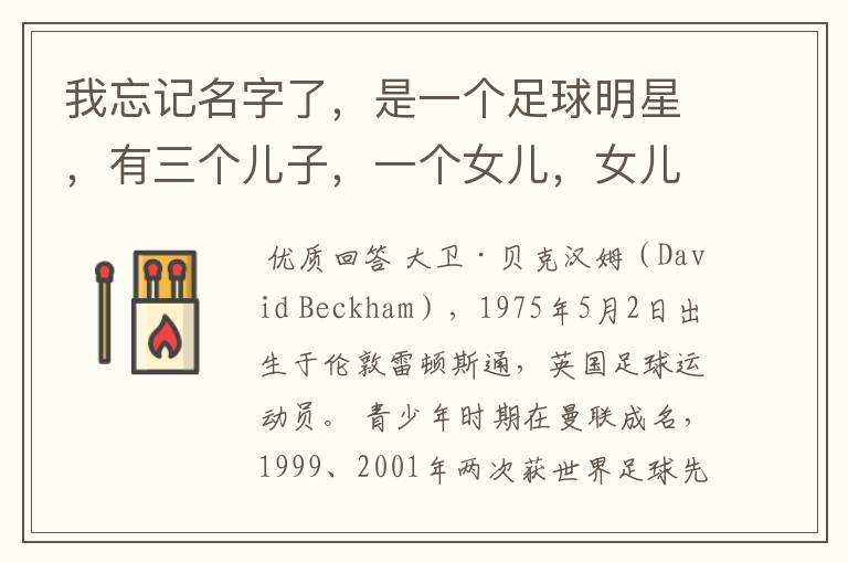 我忘记名字了,是一个足球明星,有三个儿子,一个女儿,女儿还特别小,外界称足球明星的老婆是时尚辣妈。