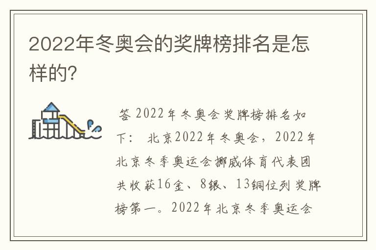 2022年冬奥会的奖牌榜排名是怎样的?