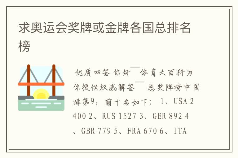 求奥运会奖牌或金牌各国总排名榜