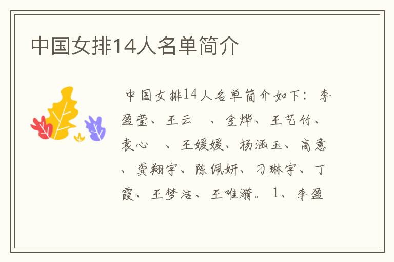 中国女排14人名单简介