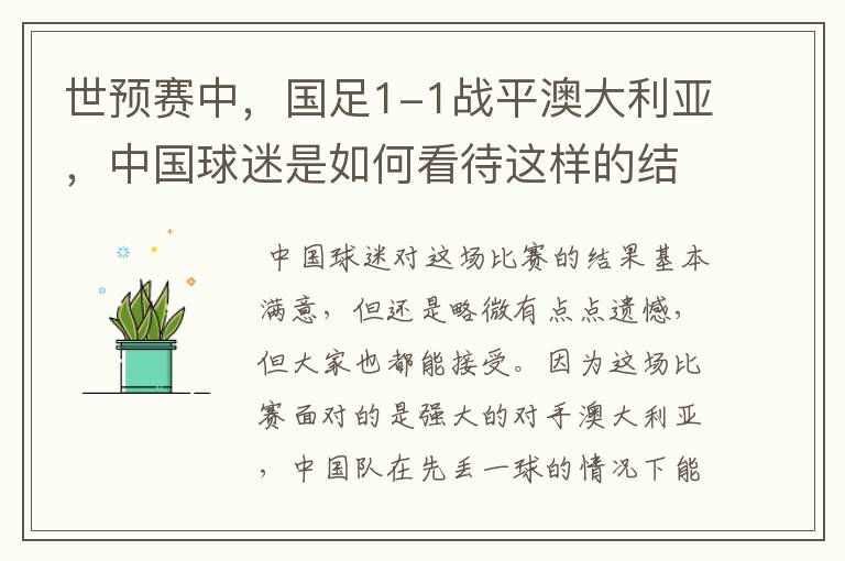 世预赛中,国足1-1战平澳大利亚,中国球迷是如何看待这样的结果的?