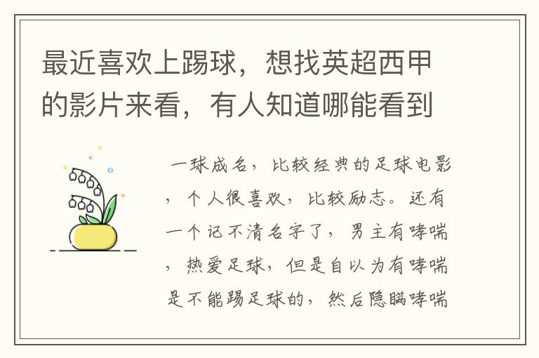 最近喜欢上踢球,想找英超西甲的影片来看,有人知道哪能看到吗