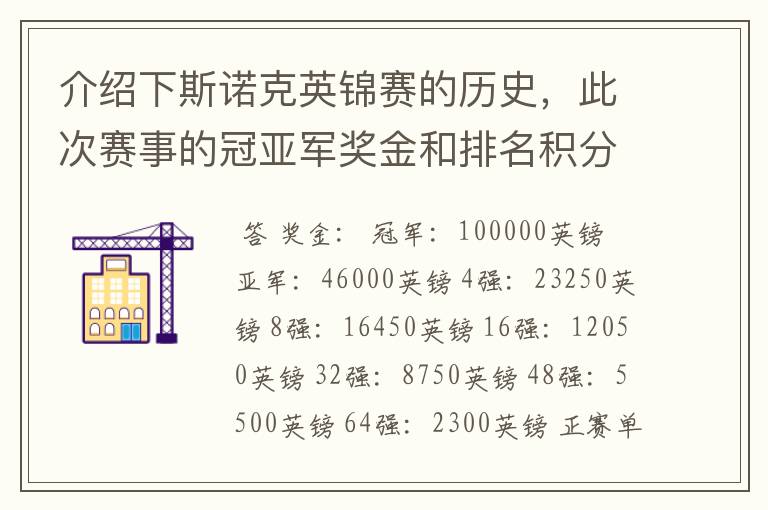 介绍下斯诺克英锦赛的历史,此次赛事的冠亚军奖金和排名积分各是多少?