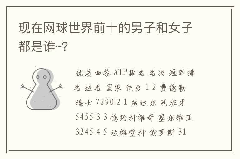 现在网球世界前十的男子和女子都是谁~?