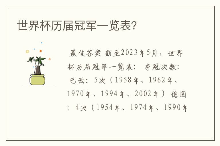 世界杯历届冠军一览表?
