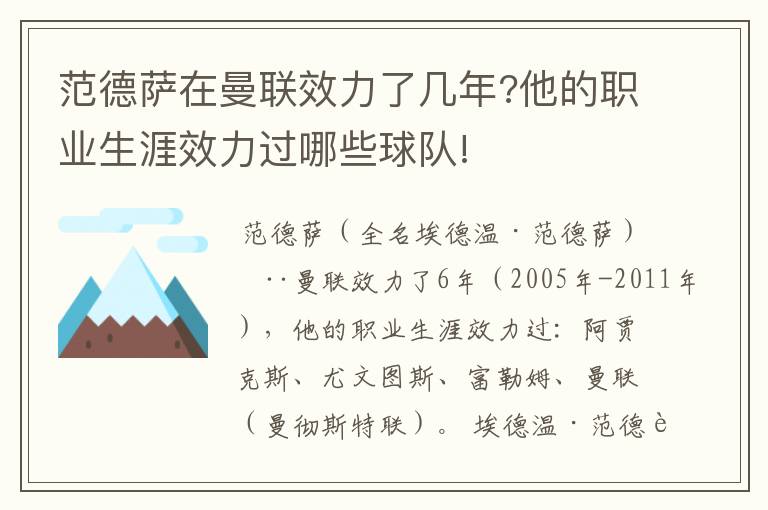 范德萨在曼联效力了几年?他的职业生涯效力过哪些球队!
