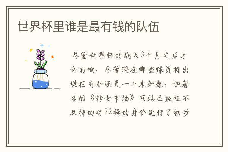 世界杯里谁是最有钱的队伍