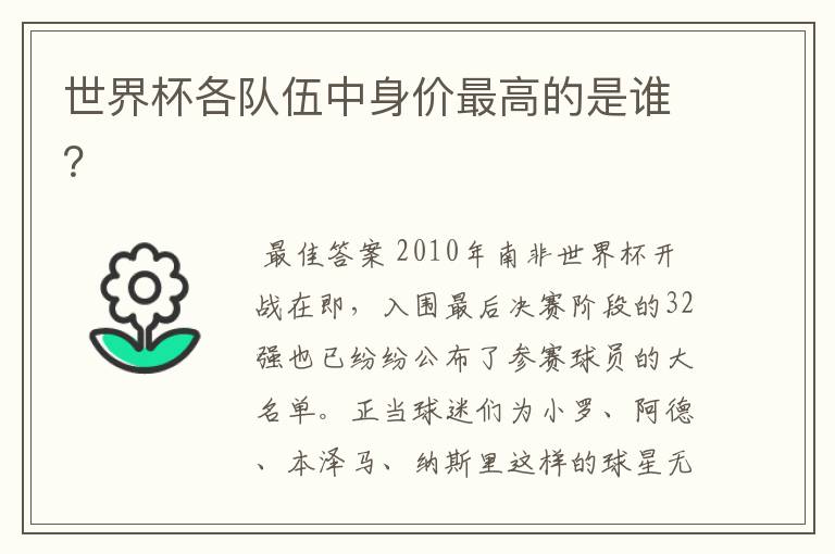 世界杯各队伍中身价最高的是谁?