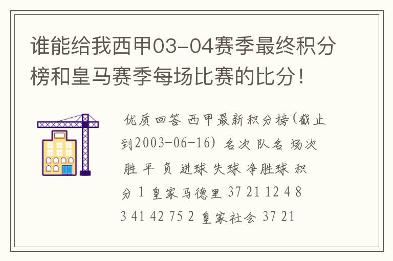 谁能给我西甲03-04赛季最终积分榜和皇马赛季每场比赛的比分!