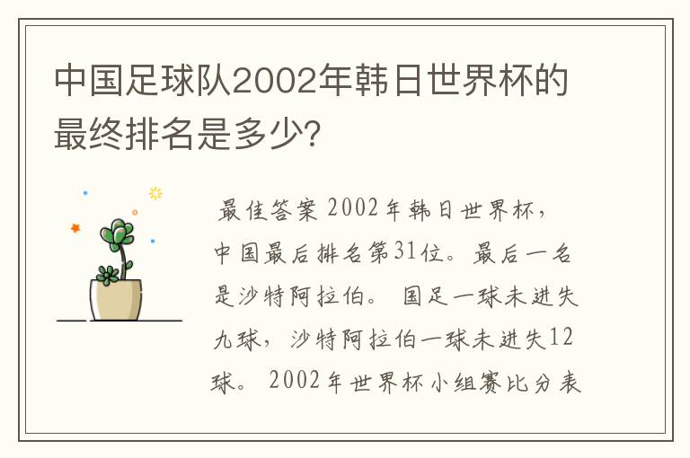 中国足球队2002年韩日世界杯的最终排名是多少?