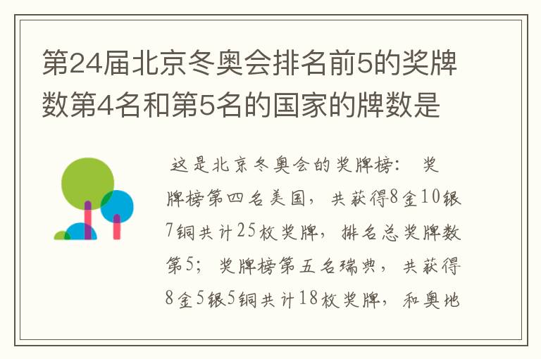 第24届北京冬奥会排名前5的奖牌数第4名和第5名的国家的牌数是多少?
