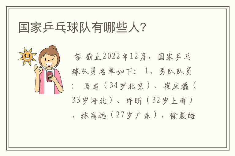 国家乒乓球队有哪些人?
