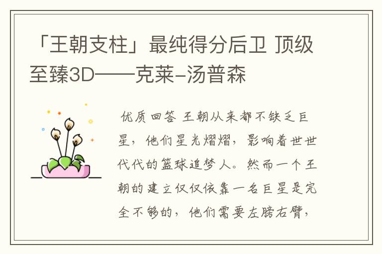 「王朝支柱」最纯得分后卫 顶级至臻3D——克莱-汤普森