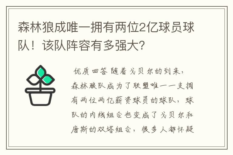 森林狼成唯一拥有两位2亿球员球队!该队阵容有多强大?