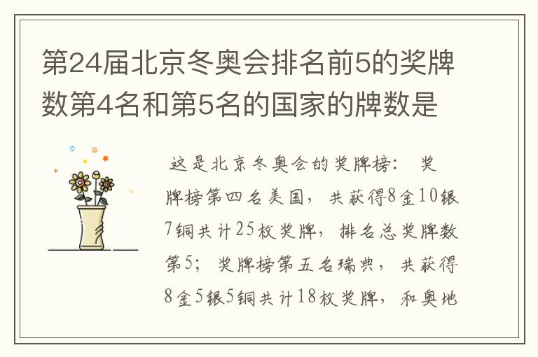 第24届北京冬奥会排名前5的奖牌数第4名和第5名的国家的牌数是多少?