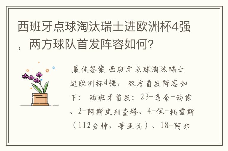 西班牙点球淘汰瑞士进欧洲杯4强,两方球队首发阵容如何?