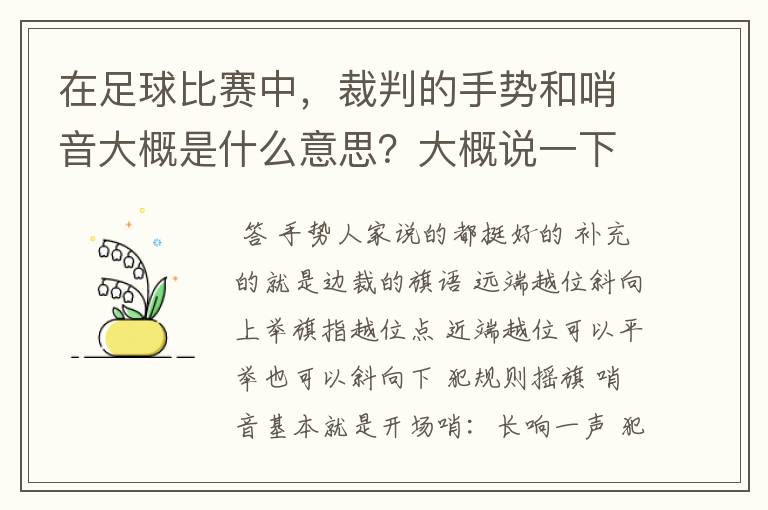 在足球比赛中,裁判的手势和哨音大概是什么意思?大概说一下。
