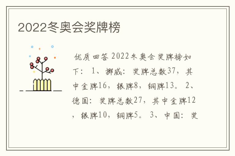 2022冬奥会奖牌榜