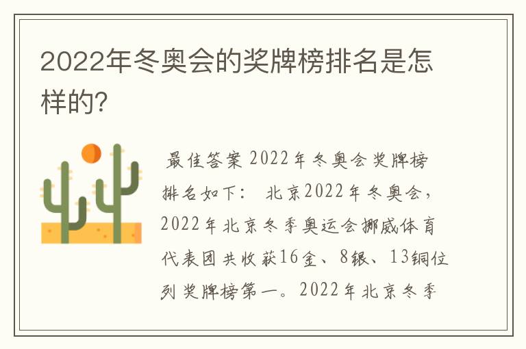 2022年冬奥会的奖牌榜排名是怎样的?