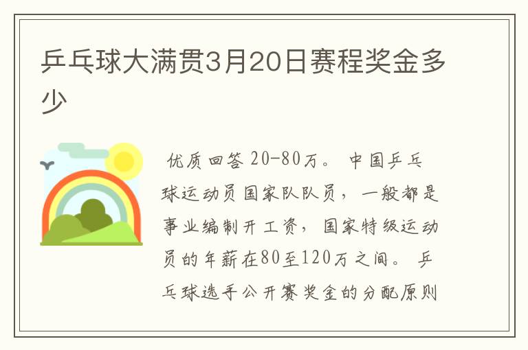 乒乓球大满贯3月20日赛程奖金多少