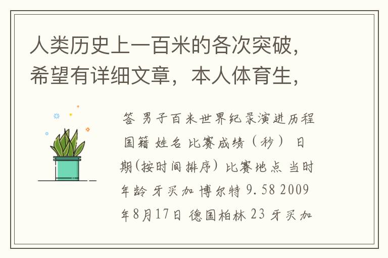 人类历史上一百米的各次突破,希望有详细文章,本人体育生,喜欢看一百米比赛