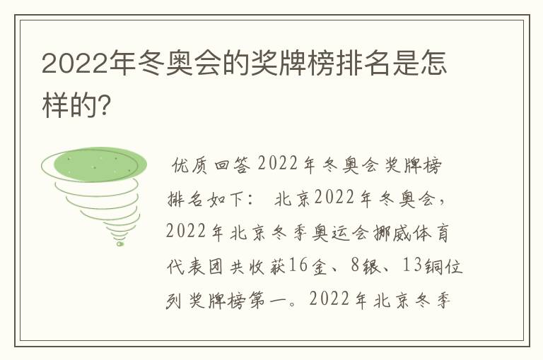 2022年冬奥会的奖牌榜排名是怎样的?