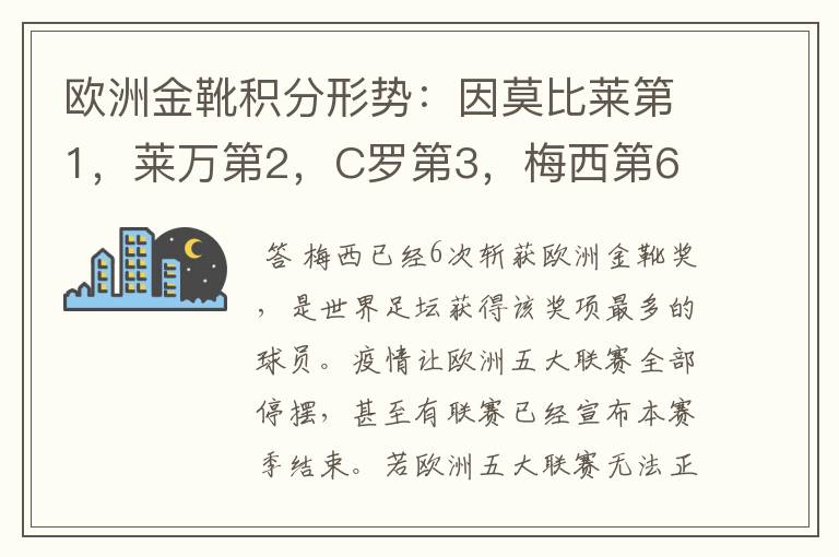 欧洲金靴积分形势：因莫比莱第1，莱万第2，C罗第3，梅西第6