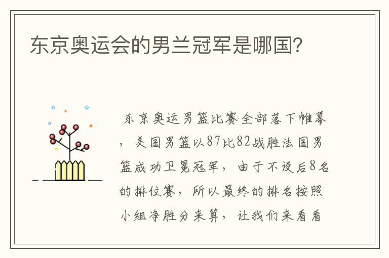 东京奥运会的男兰冠军是哪国?